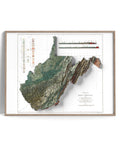 West Virginia (USA), Geological map - 1932, 2D printed shaded relief map with 3D effect of a 1932 geological map of West Virginia (USA). Shop our beautiful fine art printed maps on supreme Cotton paper. Vintage maps digitally restored and enhanced with a 3D effect. VizCart from Vizart