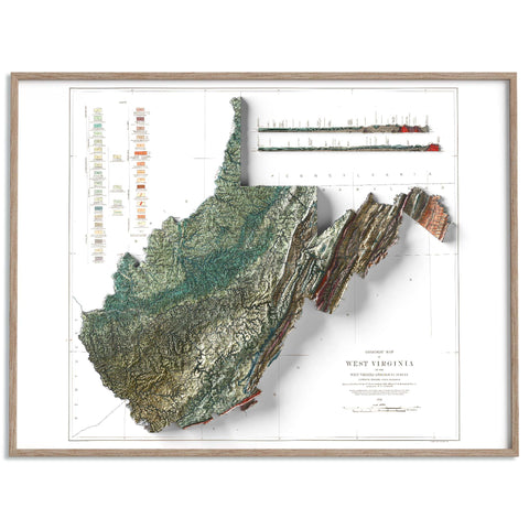 West Virginia (USA), Geological map - 1932, 2D printed shaded relief map with 3D effect of a 1932 geological map of West Virginia (USA). Shop our beautiful fine art printed maps on supreme Cotton paper. Vintage maps digitally restored and enhanced with a 3D effect. VizCart from Vizart