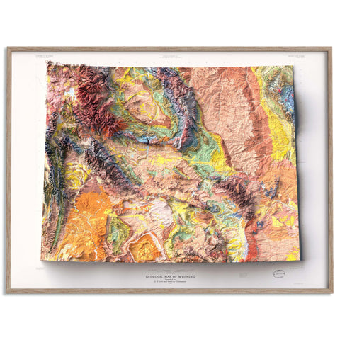 Wyoming (USA), Geological map - 1985, 2D printed shaded relief map with 3D effect of a 1985 geological map of Wyoming (USA). Shop our beautiful fine art printed maps on supreme Cotton paper. Vintage maps digitally restored and enhanced with a 3D effect. VizCart from Vizart