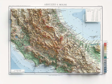 Abruzzo and Molise (Italy), Topographic map - 1928, 2D printed shaded relief map with 3D effect of a 1928 topographic map of Abruzzo and Molise (Italy). Shop our beautiful fine art printed maps on supreme Cotton paper. Vintage maps digitally restored and enhanced with a 3D effect. VizCart from Vizart