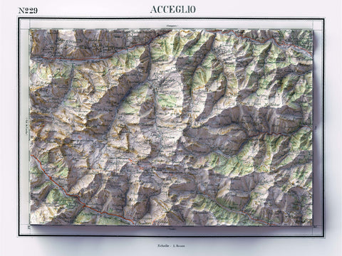 Acceglio (Italy), Topographic map - 1899, 2D printed shaded relief map with 3D effect of a 1899 topographic map of Acceglio (Italy). Shop our beautiful fine art printed maps on supreme Cotton paper. Vintage maps digitally restored and enhanced with a 3D effect. VizCart from Vizart