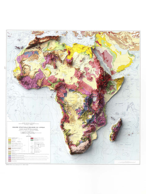 Africa, Geological map - 1958, 2D printed shaded relief map with 3D effect of a 1958 geologic map of Africa. Shop our beautiful fine art printed maps on supreme Cotton paper. Vintage maps digitally restored and enhanced with a 3D effect. VizCart from Vizart