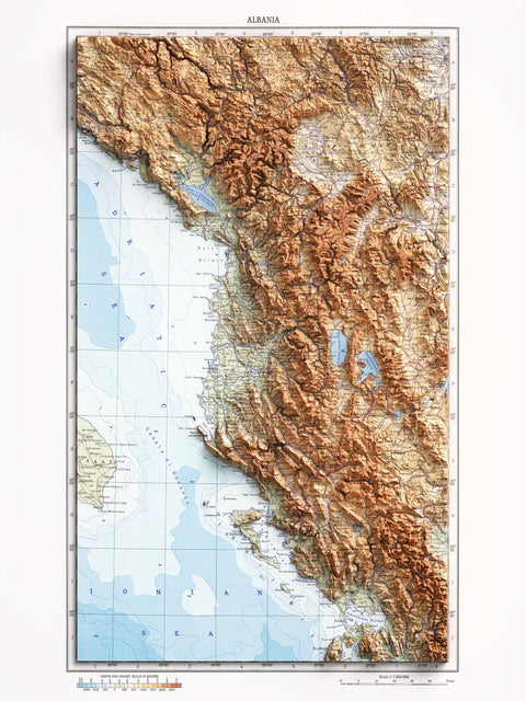 Albania 1967 topographic restored antique shaded relief map print on fine art paper