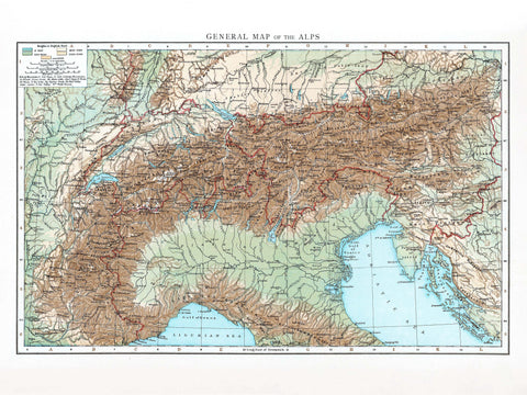 Alps 1900 topographic digitally restored map reprint on fine art paper