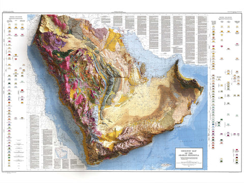 Arabian Peninsula, Geological map - 1963, 2D printed shaded relief map with 3D effect of a 1963 geological map of Saudi Arabia. Shop our beautiful fine art printed maps on supreme Cotton paper. Vintage maps digitally restored and enhanced with a 3D effect. VizCart from Vizart