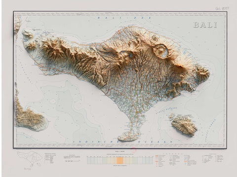Bali (Indonesia), Topographic map - 1935, 2D printed shaded relief map with 3D effect of a 1935 topographic map of Bali (Indonesia). Shop our beautiful fine art printed maps on supreme Cotton paper. Vintage maps digitally restored and enhanced with a 3D effect., VizCart from Vizart