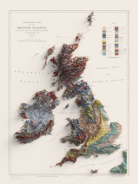 British-Irish Isles, Geological map - 1906, 2D printed shaded relief map with 3D effect of a 1906 geological map of Britain and Ireland (British-Irish Isles). Shop our beautiful fine art printed maps on supreme Cotton paper. Vintage maps digitally restored and enhanced with a 3D effect. VizCart from Vizart