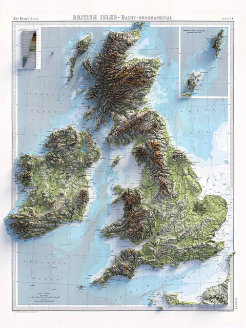British-Irish Isles, Topographic map - 1920, 2D printed shaded relief map with 3D effect of a 1920 topographic map of Britain and Ireland (British-Irish Isles). Shop our beautiful fine art printed maps on supreme Cotton paper. Vintage maps digitally restored and enhanced with a 3D effect. VizCart from Vizart