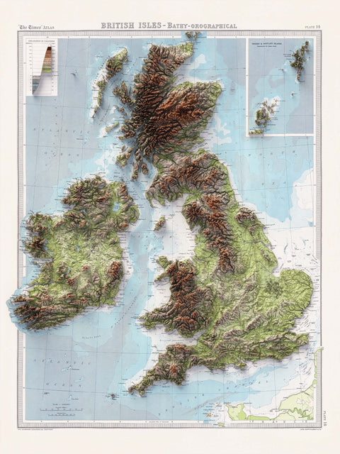 British-Irish Isles 1920 topographic restored antique shaded relief map print on fine art paper
