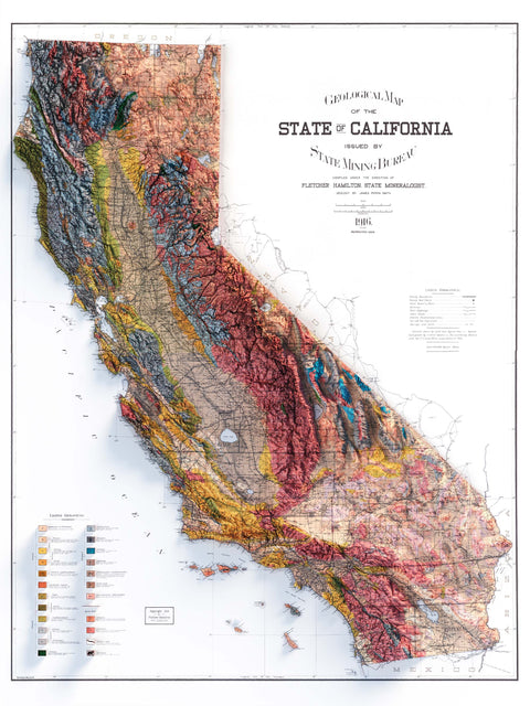 California (USA), Geological map - 1916, 2D printed shaded relief map with 3D effect of a 1916 geological map of California (USA). Shop our beautiful fine art printed maps on supreme Cotton paper. Vintage maps digitally restored and enhanced with a 3D effect. VizCart from Vizart