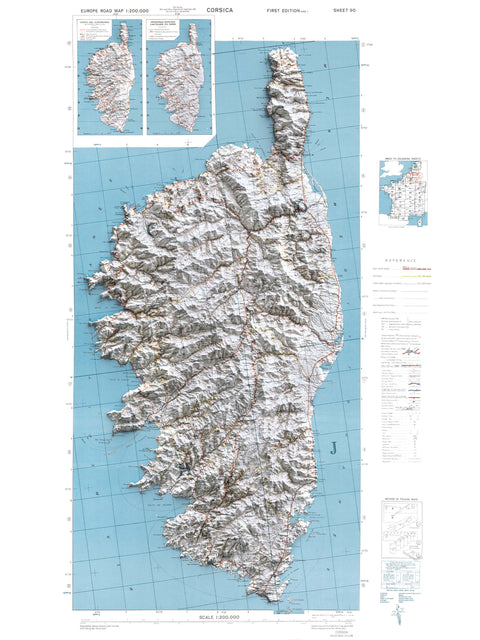 Corsica (France) 1943 topographic restored antique shaded relief map print on fine art paper