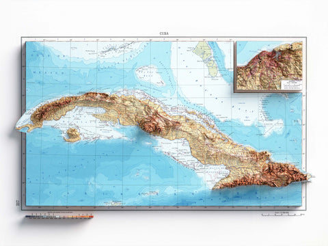 Cuba, Topographic map - 1967, 2D printed shaded relief map with 3D effect of a 1967 topographic map of Cuba. Shop our beautiful fine art printed maps on supreme Cotton paper. Vintage maps digitally restored and enhanced with a 3D effect. VizCart from Vizart