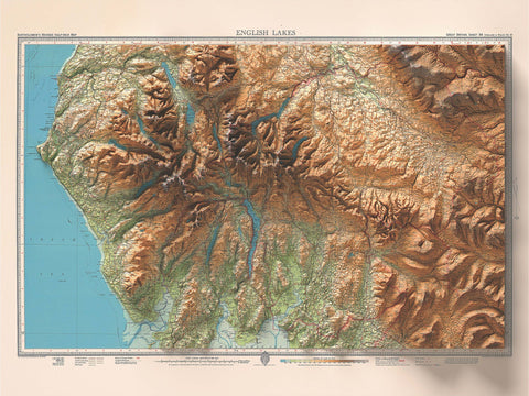 English Lakes (England, UK), Topographic map - 1941, 2D printed shaded relief map with 3D effect of a 1941 topographic map of English Lakes (UK). Shop our beautiful fine art printed maps on supreme Cotton paper. Vintage maps digitally restored and enhanced with a 3D effect., VizCart from Vizart