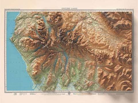 English Lakes (England, UK), Topographic map - 1941, 2D printed shaded relief map with 3D effect of a 1941 topographic map of English Lakes (UK). Shop our beautiful fine art printed maps on supreme Cotton paper. Vintage maps digitally restored and enhanced with a 3D effect. VizCart from Vizart