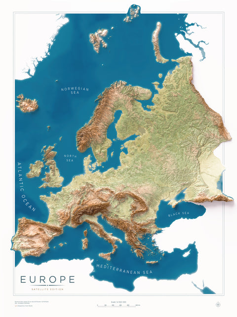 Europe satellite shaded relief elevation map printed on fine art paper
