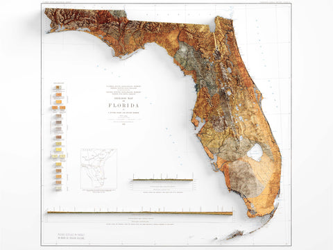 Florida, Geological map - 1929, 2D printed shaded relief map with 3D effect of a 1929 geologic map of Florida (USA). Shop our beautiful fine art printed maps on supreme Cotton paper. Vintage maps digitally restored and enhanced with a 3D effect. VizCart from Vizart