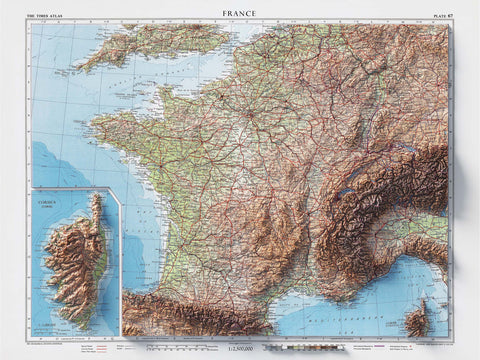 France, Topographic map - 1955, 2D printed shaded relief map with 3D effect of a 1955 topographic map of France. Shop our beautiful fine art printed maps on supreme Cotton paper. Vintage maps digitally restored and enhanced with a 3D effect. VizCart from Vizart