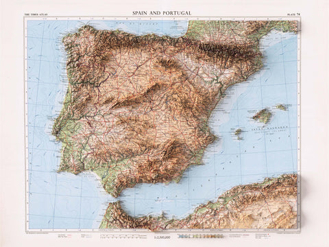 Iberian Peninsula, Topographic map - 1956, 2D printed shaded relief map with 3D effect of a 1956 topographic map of Iberian Peninsula. Shop our beautiful fine art printed maps on supreme Cotton paper. Vintage maps digitally restored and enhanced with a 3D effect. VizCart from Vizart