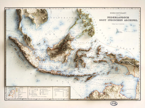 Indonesia, Topographic map - 1901, 2D printed shaded relief map with 3D effect of a 1901 topographic map of Indonesia. Shop our beautiful fine art printed maps on supreme Cotton paper. Vintage maps digitally restored and enhanced with a 3D effect. VizCart from Vizart