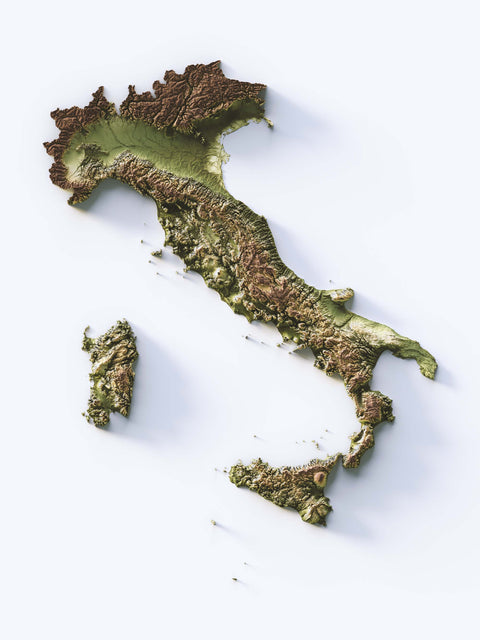 Italy, Elevation tint - Geo, 2D printed shaded relief map with 3D effect of Italy with geo hypsometric tint. Shop our beautiful fine art printed maps on supreme Cotton paper. Vintage maps digitally restored and enhanced with a 3D effect. VizCart from Vizart