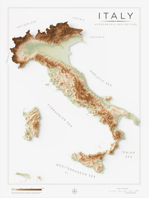 Italy geo shaded relief elevation map printed on fine art paper