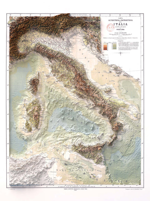 Italy Bathymetric, Topographic map - 1888, 2D printed shaded relief map with 3D effect of a 1888 topographic map of Italy with bathymetric. Shop our beautiful fine art printed maps on supreme Cotton paper. Vintage maps digitally restored and enhanced with a 3D effect. VizCart from Vizart