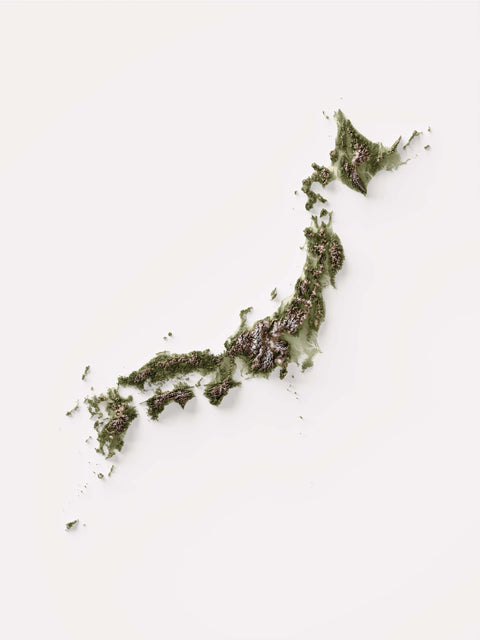 Japan, Elevation tint - Geo, 2D printed shaded relief map with 3D effect of Japan with geo hypsometric tint. Shop our beautiful fine art printed maps on supreme Cotton paper. Vintage maps digitally restored and enhanced with a 3D effect. VizCart from Vizart