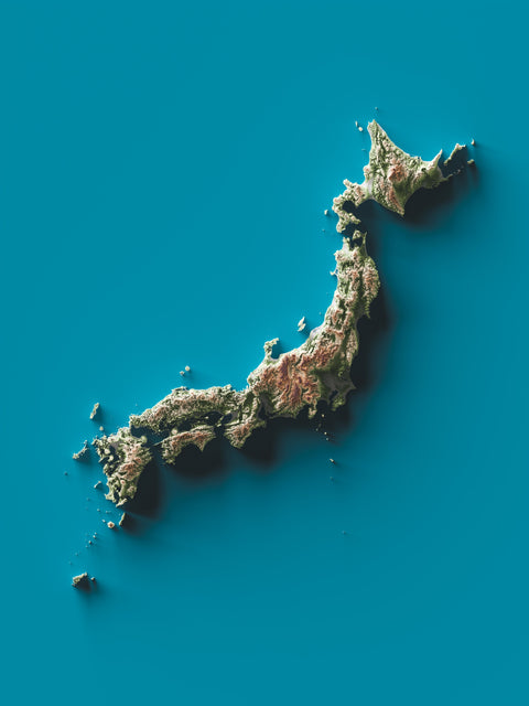Japan, Elevation tint - Geolight, 2D printed shaded relief map with 3D effect of Japan with geo hypsometric tint. Shop our beautiful fine art printed maps on supreme Cotton paper. Vintage maps digitally restored and enhanced with a 3D effect. VizCart from Vizart