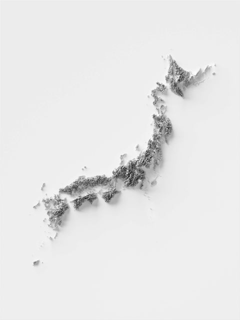 Japan, Elevation tint - White, 2D printed shaded relief of hypsometric map with 3D effect of Japan with monochrome white tint. Shop our beautiful fine art printed maps on supreme Cotton paper. Vintage maps digitally restored and enhanced with a 3D effect. VizCart from Vizart