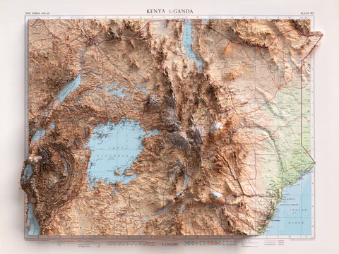 Kenya Uganda, Topographic map - 1956, 2D printed shaded relief map with 3D effect of a 1956 topographic map of Kenya and Uganda. Shop our beautiful fine art printed maps on supreme Cotton paper. Vintage maps digitally restored and enhanced with a 3D effect VizCart from Vizart