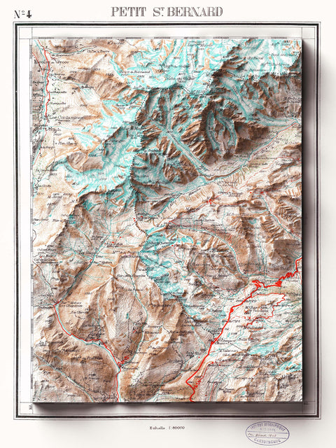 Little St Bernard, Topographic map - 1899, 2D printed shaded relief map with 3D effect of a 1899 topographic map of Little Saint Bernard. Shop our beautiful fine art printed maps on supreme Cotton paper. Vintage maps digitally restored and enhanced with a 3D effect. VizCart from Vizart