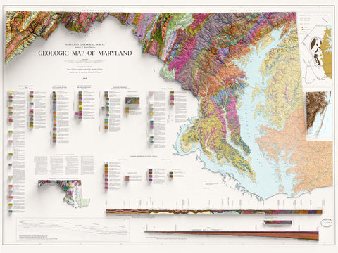 Maryland, Geological map - 1968, 2D printed shaded relief map with 3D effect of a 1968 geologic map of Maryland (USA). Shop our beautiful fine art printed maps on supreme Cotton paper. Vintage maps digitally restored and enhanced with a 3D effect. VizCart from Vizart