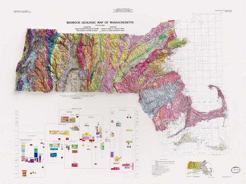 Massachusetts, Geological map - 1983, 2D printed shaded relief map with 3D effect of a 1983 geologic map of Massachusetts (USA). Shop our beautiful fine art printed maps on supreme Cotton paper. Vintage maps digitally restored and enhanced with a 3D effect. VizCart from Vizart