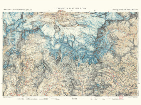 Matterhorn and Mt Rosa (Italy) 1928 topographic digitally restored map reprint on fine art paper