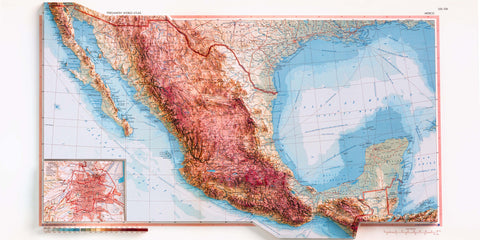 Mexico, Topographic map - 1967, 2D printed shaded relief map with 3D effect of a 1967 topographic map of Mexico. Shop our beautiful fine art printed maps on supreme Cotton paper. Vintage maps digitally restored and enhanced with a 3D effect. VizCart from Vizart.
