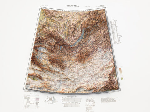 Mongolia, Topographic map - 1931, 2D printed shaded relief map with 3D effect of a 1931 topographic map of Mongolia. Shop our beautiful fine art printed maps on supreme Cotton paper. Vintage maps digitally restored and enhanced with a 3D effect. VizCart from Vizart