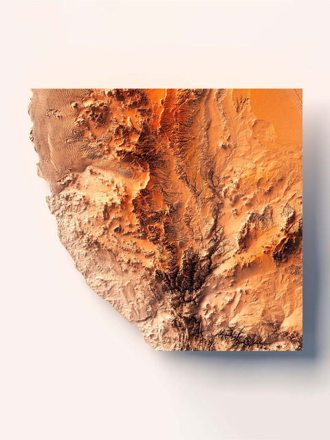 Namib Desert (Namibia), Elevation tint - Red, 2D printed shaded relief map with 3D effect of Namib desert (Namibia) with red hypsometric tint. Shop our beautiful fine art printed maps on supreme Cotton paper. Vintage maps digitally restored and enhanced with a 3D effect. VizCart from Vizart