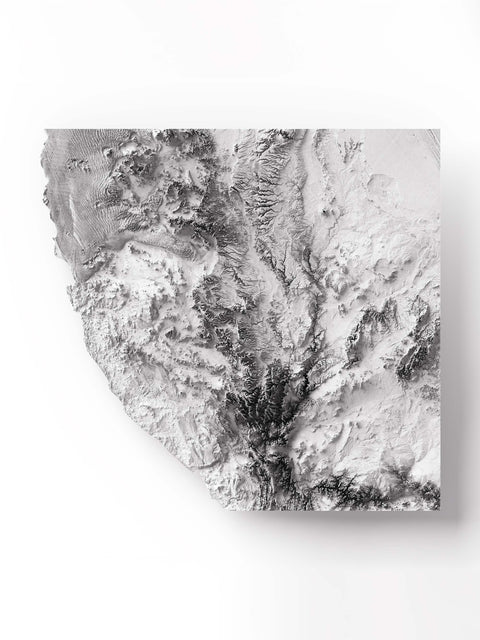 Namib Desert (Namibia), Elevation tint - White, 2D printed shaded relief map with 3D effect of Namib desert (Namibia) with monochrome white tint. Shop our beautiful fine art printed maps on supreme Cotton paper. Vintage maps digitally restored and enhanced with a 3D effect. VizCart from Vizart