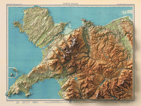 North Wales (Wales, UK), Topographic map - 1941, 2D printed shaded relief map with 3D effect of a 1941 topographic map of North Wales (Wales, UK). Shop our beautiful fine art printed maps on supreme Cotton paper. Vintage maps digitally restored and enhanced with a 3D effect. VizCart from Vizart
