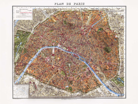 Paris (France) 1916 city restored antique shaded relief map print on fine art paper