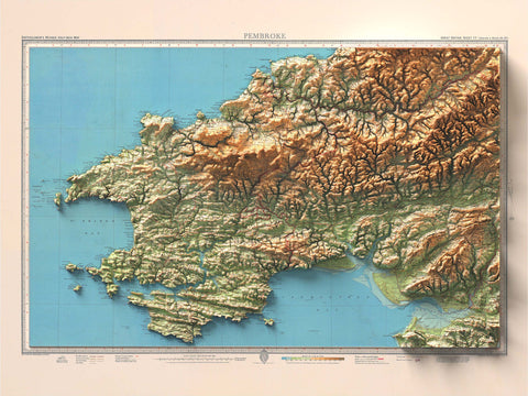 Pembroke (Wales, UK), Topographic map - 1942, 2D printed shaded relief map with 3D effect of a 1942 topographic map of Pembroke (Wales, UK). Shop our beautiful fine art printed maps on supreme Cotton paper. Vintage maps digitally restored and enhanced with a 3D effect. VizCart from Vizart