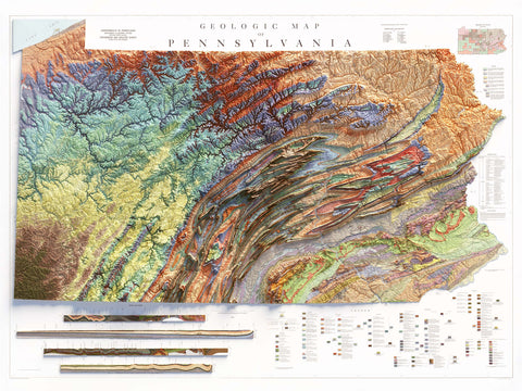 Pennsylvania, Geological map - 1960, 2D printed shaded relief map with 3D effect of a 1960 geologic map of Pennsylvania (USA). Shop our beautiful fine art printed maps on supreme Cotton paper. Vintage maps digitally restored and enhanced with a 3D effect. VizCart from Vizart.