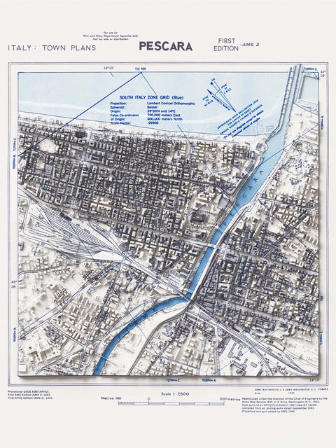 Pescara (Italy) 1944 city restored antique shaded relief map print on fine art paper