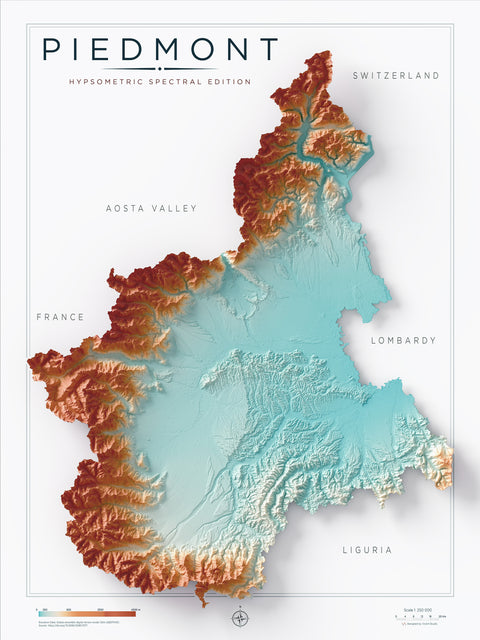 Piedmont (Italy) spectral shaded relief elevation map printed on fine art paper