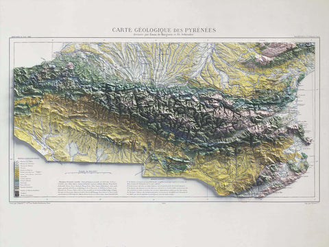 Pyrenees, Geological map - 1891, 2D printed shaded relief map with 3D effect of a 1891 geological map of Pyrenees (France, Spain). Shop our beautiful fine art printed maps on supreme Cotton paper. Vintage maps digitally restored and enhanced with a 3D effect, VizCart from Vizart