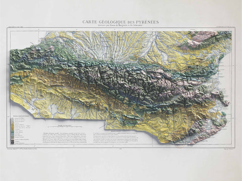 Pyrenees, Geological map - 1891, 2D printed shaded relief map with 3D effect of a 1891 geological map of Pyrenees (France, Spain). Shop our beautiful fine art printed maps on supreme Cotton paper. Vintage maps digitally restored and enhanced with a 3D effect. VizCart from Vizart