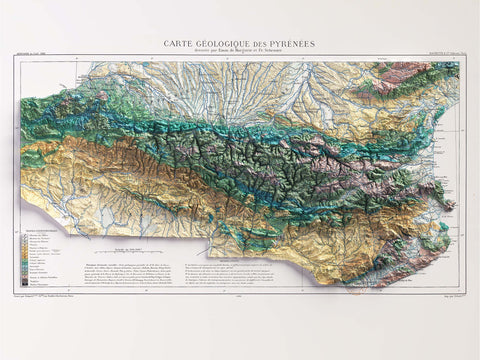 Pyrenees 1891 geological restored antique shaded relief map print on fine art paper