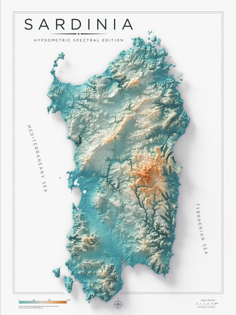Sardinia (Italy) spectral shaded relief elevation map printed on fine art paper