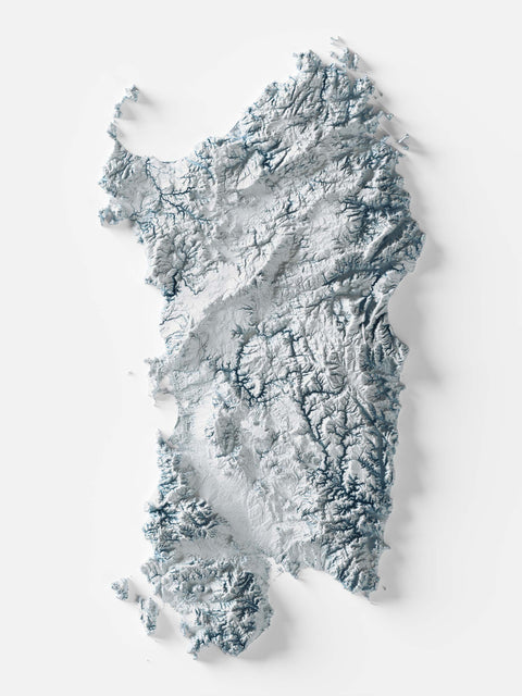 Sardinia (Italy), Elevation tint - White, 2D printed shaded relief map with 3D effect of Sardinia (Italy) with white hypsometric tint. Shop our beautiful fine art printed maps on supreme Cotton paper. Vintage maps digitally restored and enhanced with a 3D effect. VizCart from Vizart