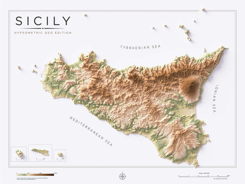 Sicily (Italy) geo shaded relief elevation map printed on fine art paper